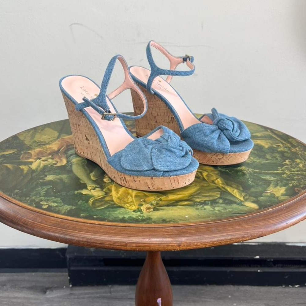 Kate Spade Blue Denim Bow Wedge Sandals - Cork Platform Ankle Strap Heels